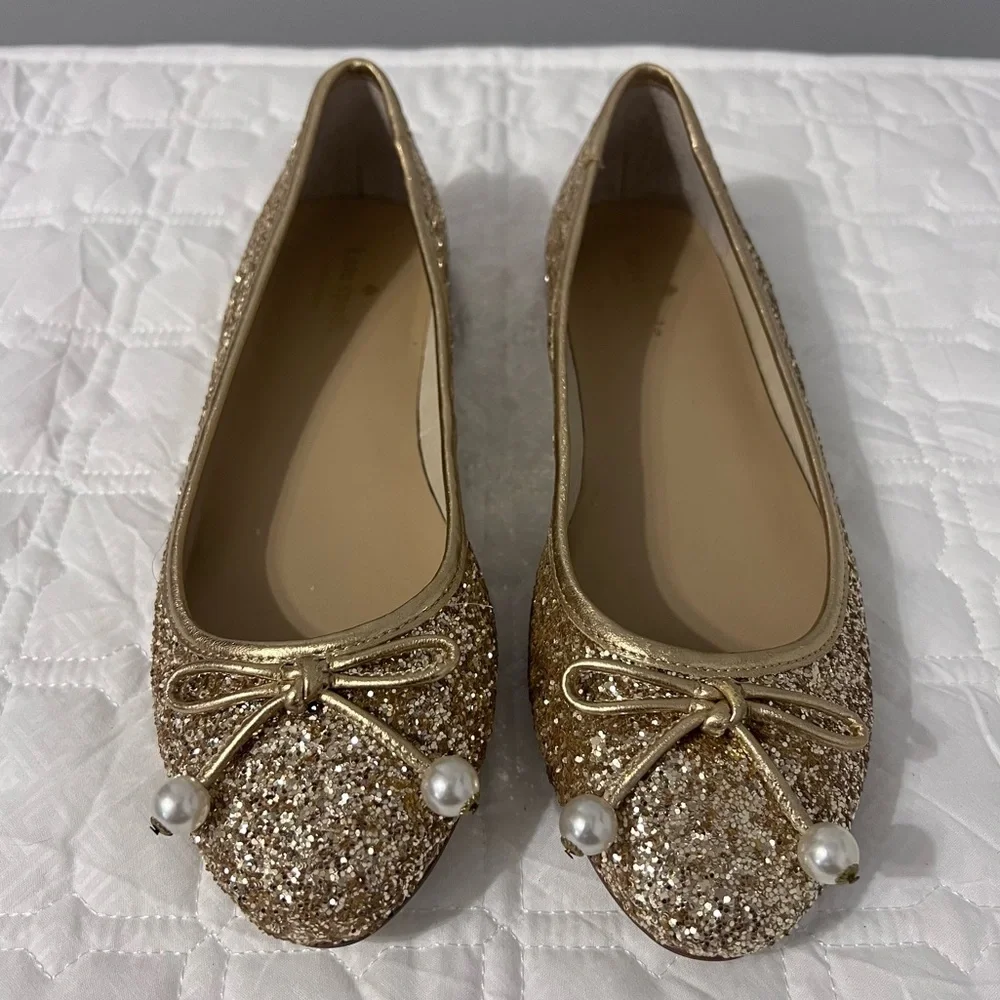 Kate Spade Ellio Ballet Flats Gold Beaded Bow Slip On Shoes 8.5
